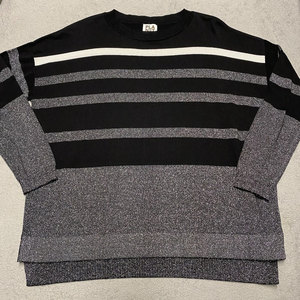 Planet By Lauren G Sweater One Size Black Metallic Silver Striped Knit